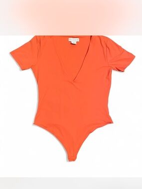 House of Harlow 1960 Coral-Orange V-Neck Short Sleeve Bodysuit
